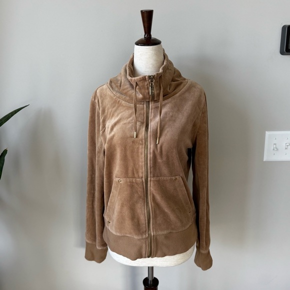 Michael Kors Tan and Gold Velvet Velour Funnel Neck Full-Zip Jacket - Picture 4 of 9